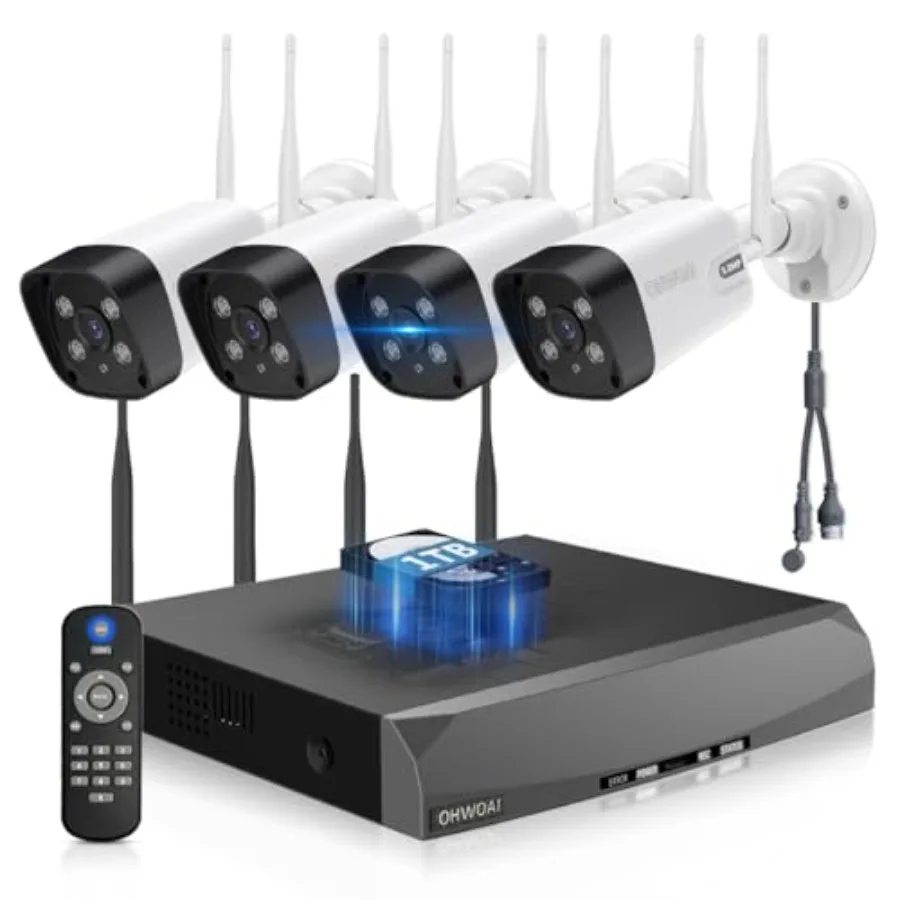 

Outdoor wireless security camera system with 130 wide angle, dual antennas, expandable 16CH 4K NVR, white aluminum housing for