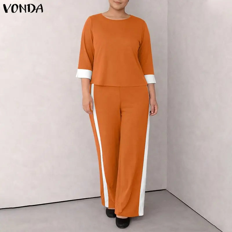 VONDA Sommer Frühling Damen Hosen-Sets Patchwork O-Ausschnitt 3/4 Ärmel 2-teilig Streetwear Oberteile Weite Hosen OL Arbeits- und Party-Matching-Sets