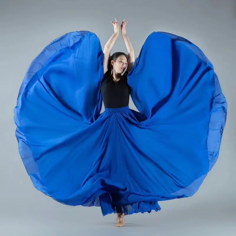 Jupe de danse plissée à 720 degrés en mousseline de soie, longue, couleur unie, taille haute, pour femmes