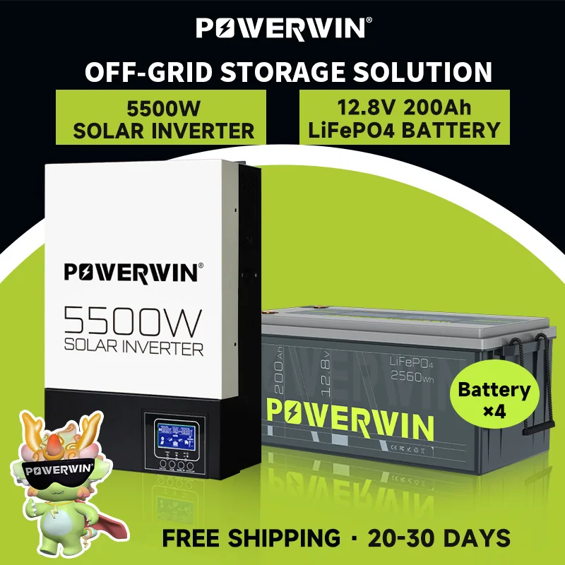 

POWERWIN BT200 LifePO4 12 В 200 Ач/2560 Втч HI5500 5500 Вт 48 В Гибридный солнечный инвертор Чистая синусоида 100 А MPPT Автономный ЖК-дисплей 48 В Батарея