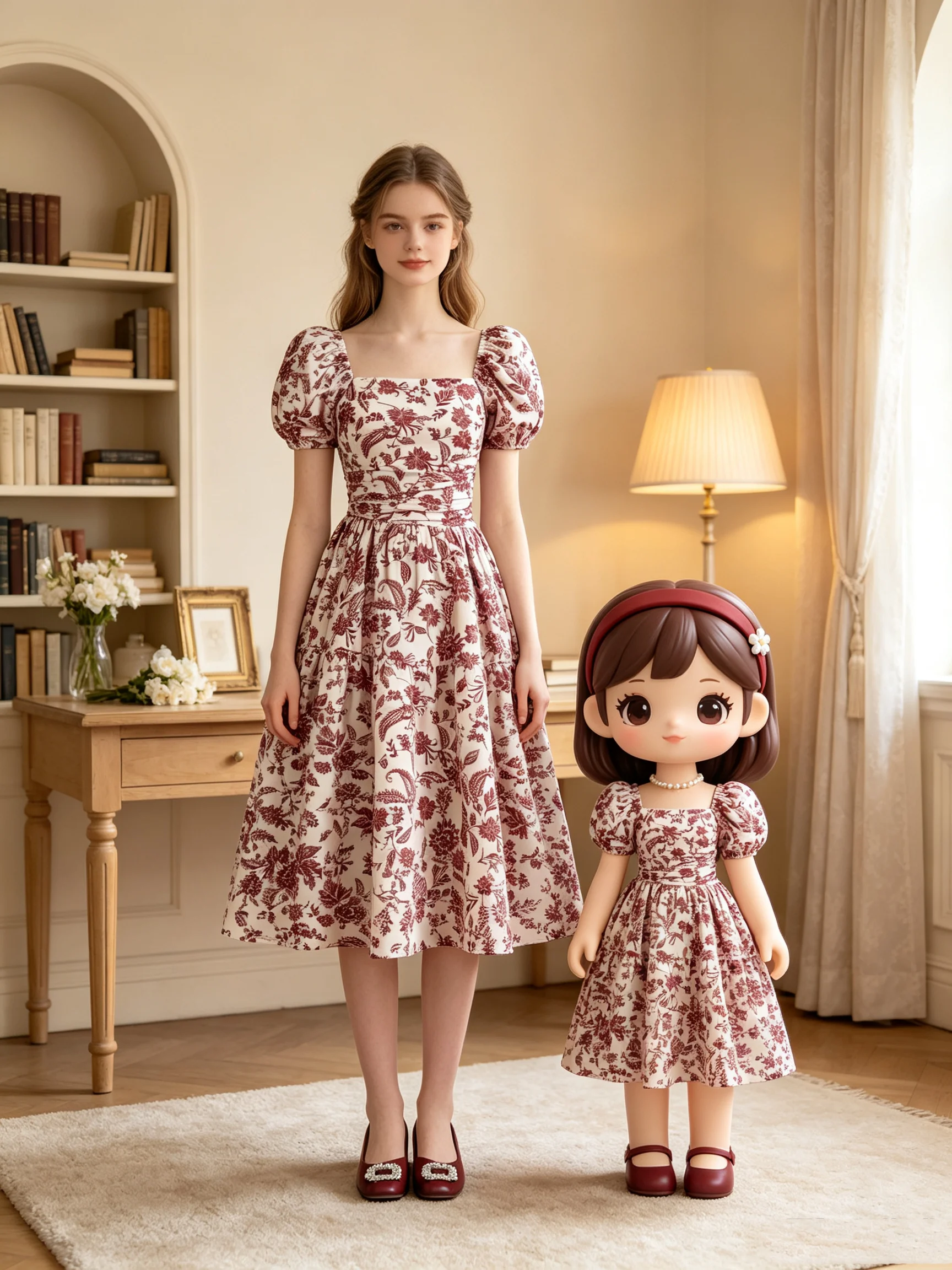 Lässiges Kleid mit Blattmuster, quadratischem Kragen, lockerer Passform, kurzen Ärmeln und tailliertem, langem Rock für Kinder und Frauen. – Detail 2