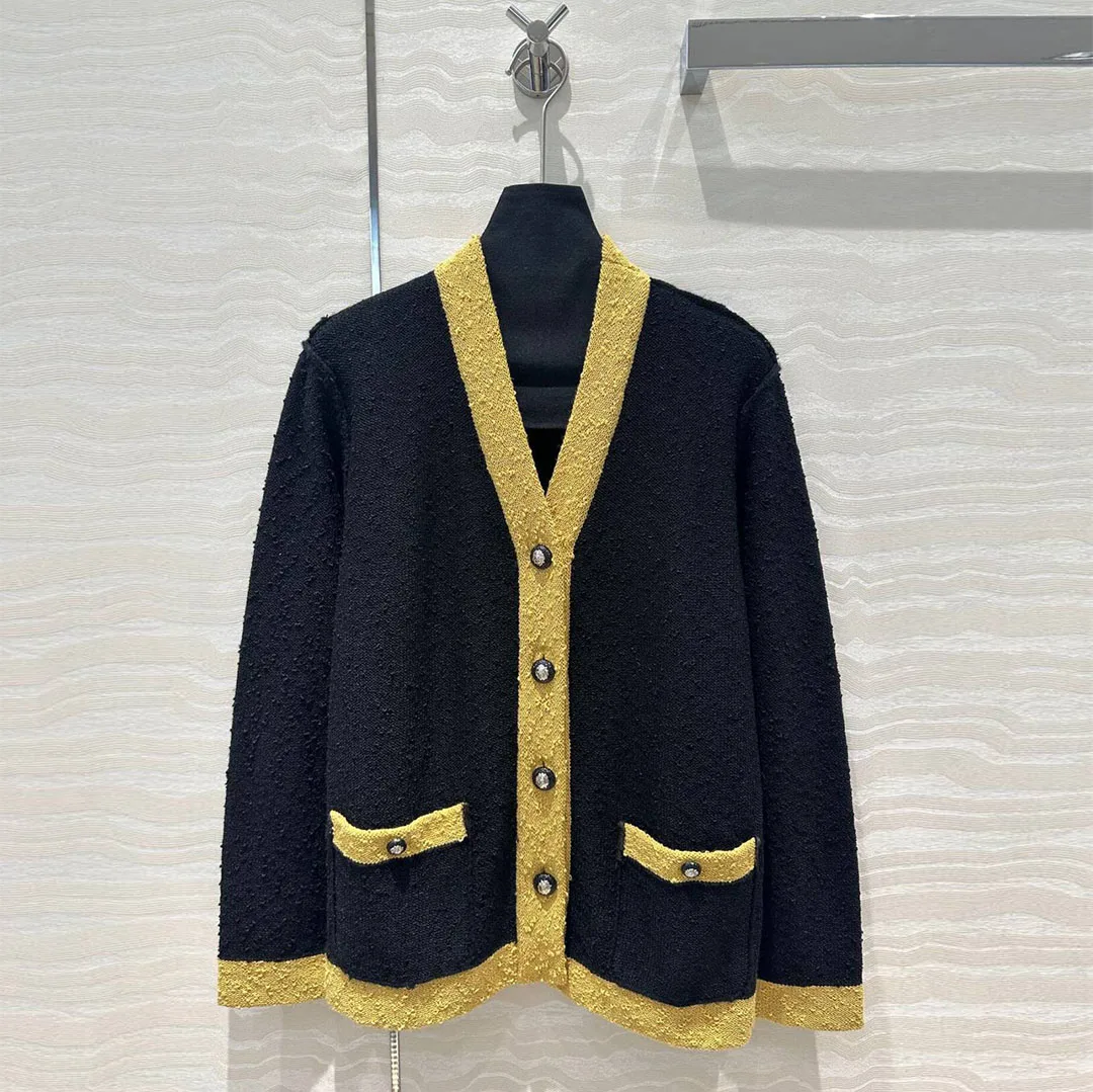 

2024 New Autumn Winter Yellow Stripes Patchwork Jacquard Hairball Black Loose Cardigans Women Casual Vintage Knitted Sweater