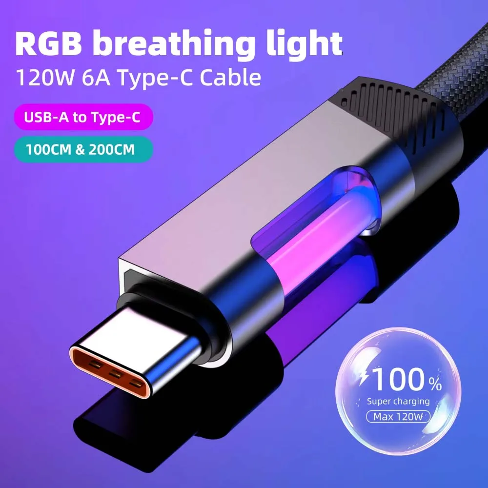 

RGB Fast Charging Cable Light USB Dual Type C Data Cable 120W 6A Charger Cord for Huawei Samsung Xiaomi Phone iPad USB-C Wire