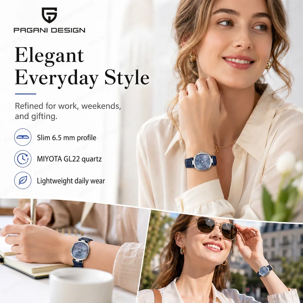 PAGANI DESIGN PD-1825 Women Quartz Watch Miyota GL22 Purple Mother of Pearl Dial Sapphire Navy Blue PU Strap Ladies