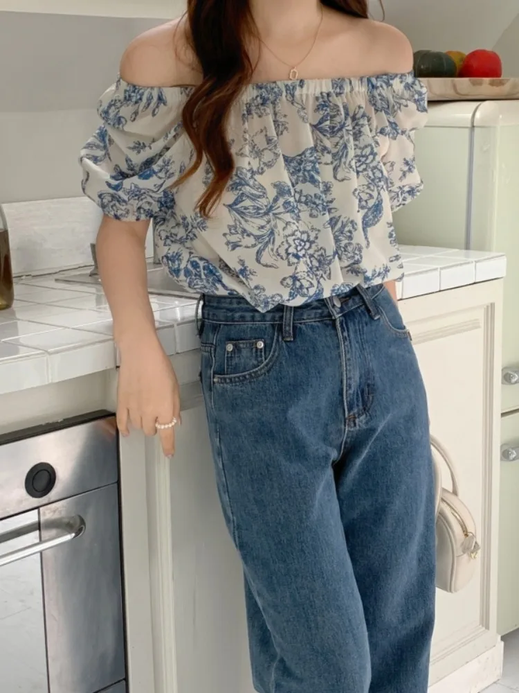 Doce sle blusa com estampa de marca de água oulder bared bubble sve feminino irt commute versão coreana corte reto ort sve