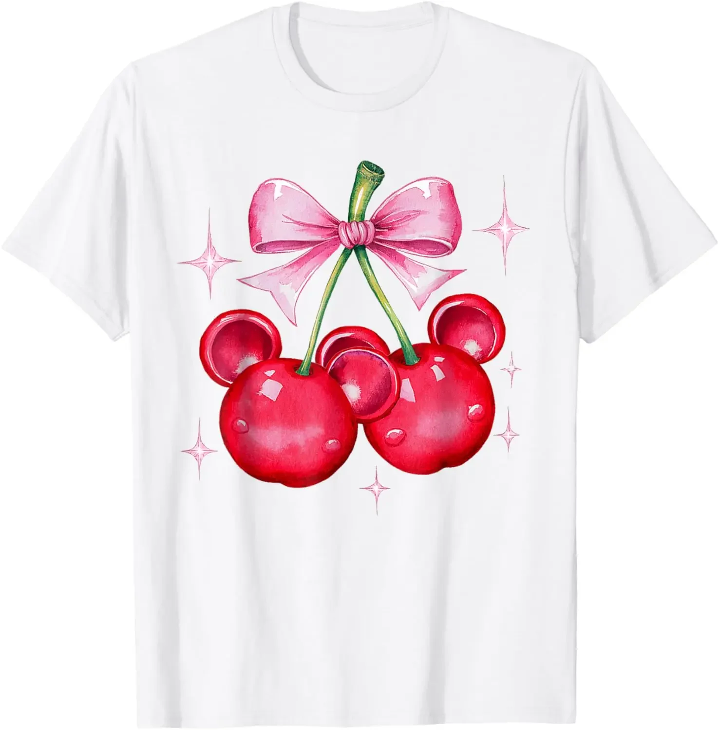 

Cherry Bow Graphic Tee Soft Cotton Round Neck Short Sleeve T-Shirt