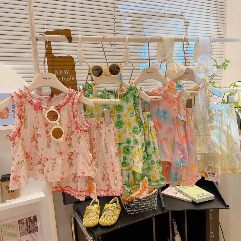 Cute Mother Daughter Pajamas Set for Family Matching Clothe Outfits Sleeveless Mom Girls Floral Print Mian silk Vest Shorts Suit