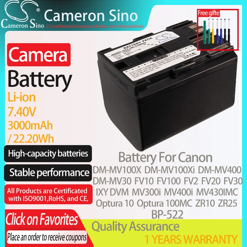 CameronSino Battery for Canon DM-MV100X DM-MV100Xi DM-MV30 FV10 FV100 IXY DVM MV300i Optura 10 fits Canon BP-522 camera battery