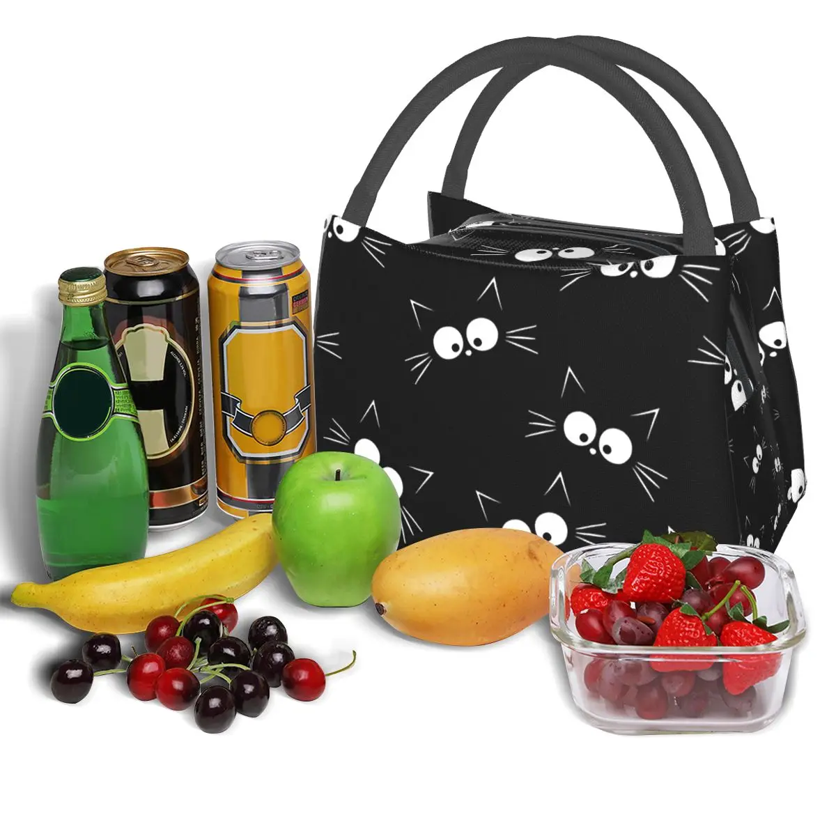 Bolsas de almuerzo con patrón de gato negro para mujer y niña, bolsa térmica con aislamiento Bento Box, a prueba de fugas, para Picnic