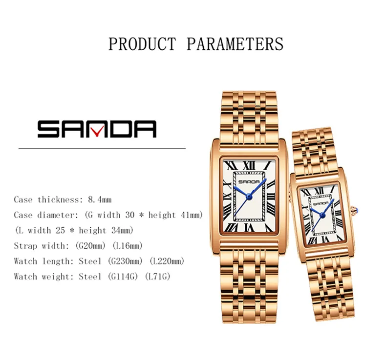 SANDA1150 nouveau Couple montre à la mode et élégant cadran rectangulaire étanche marque de luxe affaires hommes et femmes amoureux cadeau