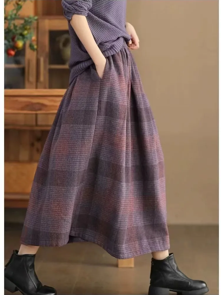 High Waist Plaid Woolen  Skirt Women's Loose Casual Versatile A-Line Skirt Autumn Winter New Style Retro Polyester Fiber