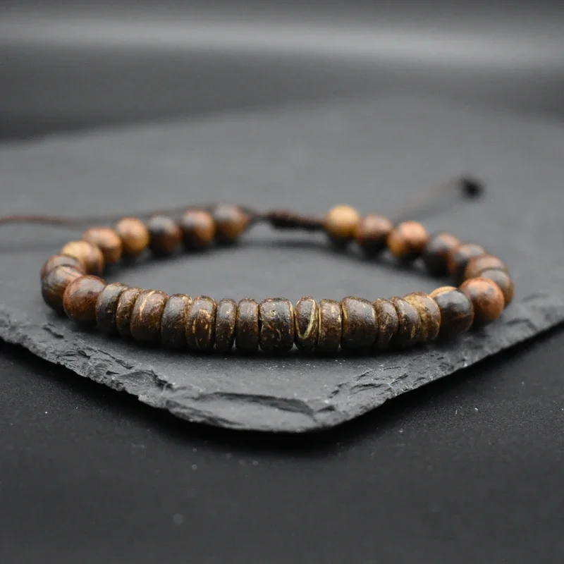 New Men Natural Coconut Bead Bracelet Vintage Meditation Wooden Bracelet Hematite Healing Braslet Wooden Pulsera