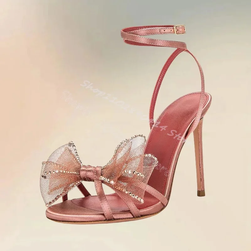 

Pink Crystal Mesh Bow Knot Open Toe Sandals Ankle Buckle Strap Women Shoes Thin High Heels Party Feast 2025 Zapatos Para Mujere