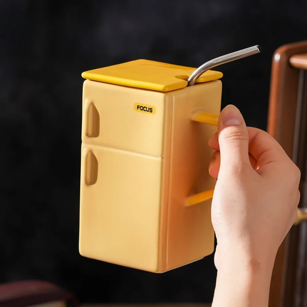 Creative Ceramic Coffee Cups 500ml Interesting Gift Refrigerator Shape Design Vintage Mug with Lid and Straw Drinkware
