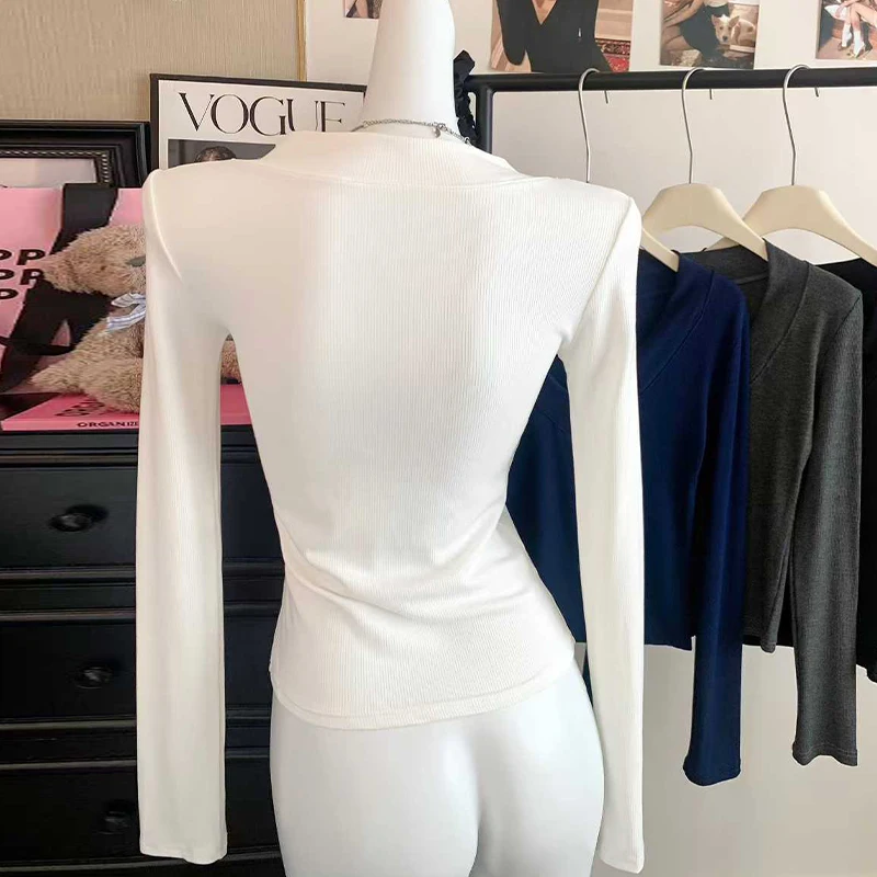 Early Autumn Pure Desire Sexy Deep V Neck Straight Shoulder Long Sleeve Slim Fit Thin Versatile Bottoming Shirt Top