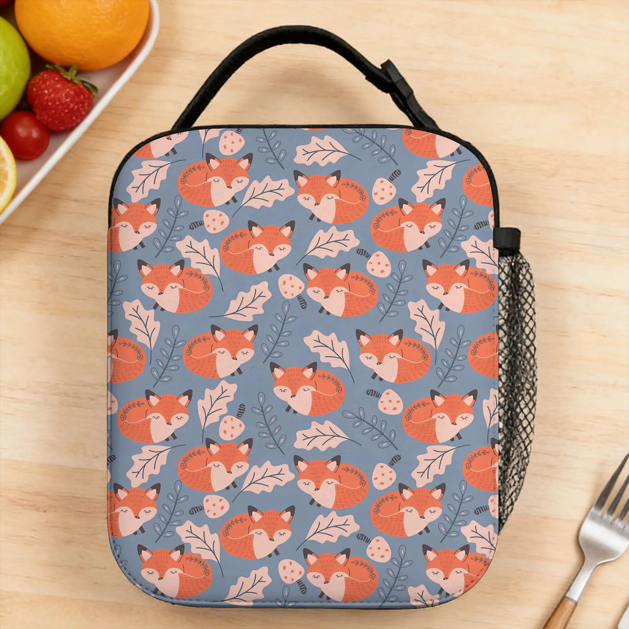 Cute Foxes Light Blue Pastel Pattern Lunch Bag  Leisure Lunch Box For Child  Picnic Cooler Bag Waterproof Thermal Tote Handbags