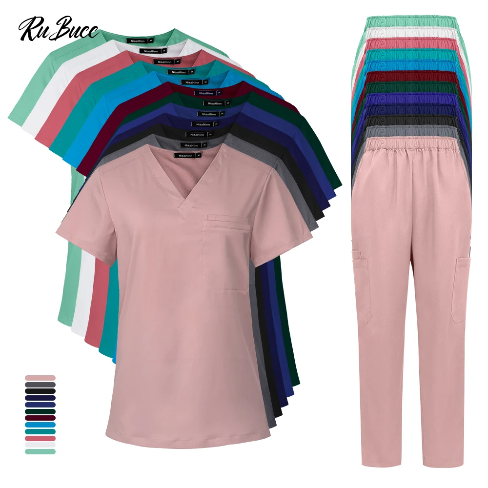 스트레치 스크럽 세트 여성 슬림핏 의료 유니폼 의사 상의 바지 수술복 간호사 액세서리 뷰티 살롱 작업복 스파 세트