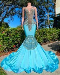 Peacock Blue Mermaid Silver Rhinestones Prom Dress 2024 For Black Girl See Thru Wedding Evening Dress Sheer Mesh Customized