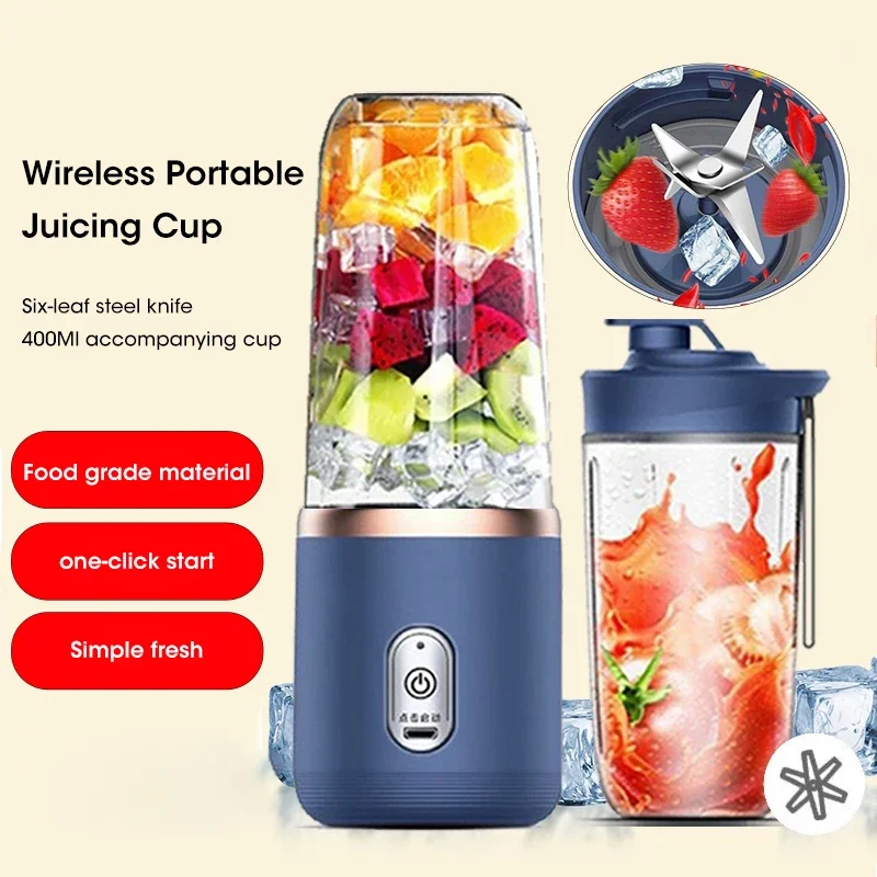 400ML Blue Portable Juicer Electric Juicer Cup USB Rechargeable Small Juicer with Stainless Steel Blade Mixer Ice Crusher