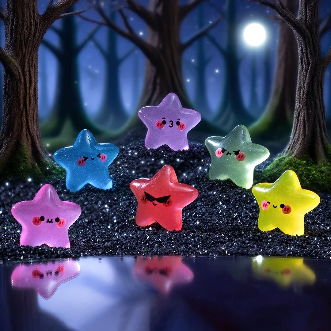 20-Pack Assorted Glow-in-the-Dark Emoji Star Miniatures - Cute Resin Ornaments for DIY Crafts & Micro Landscape Decor