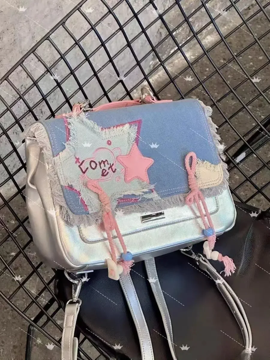 

2023 Star Patchwork Silver Backpack Korean Y2k Denim Sweet Girl Itabag Preppy Student Messenger Bag Trendy Hottie Shoulder Bag