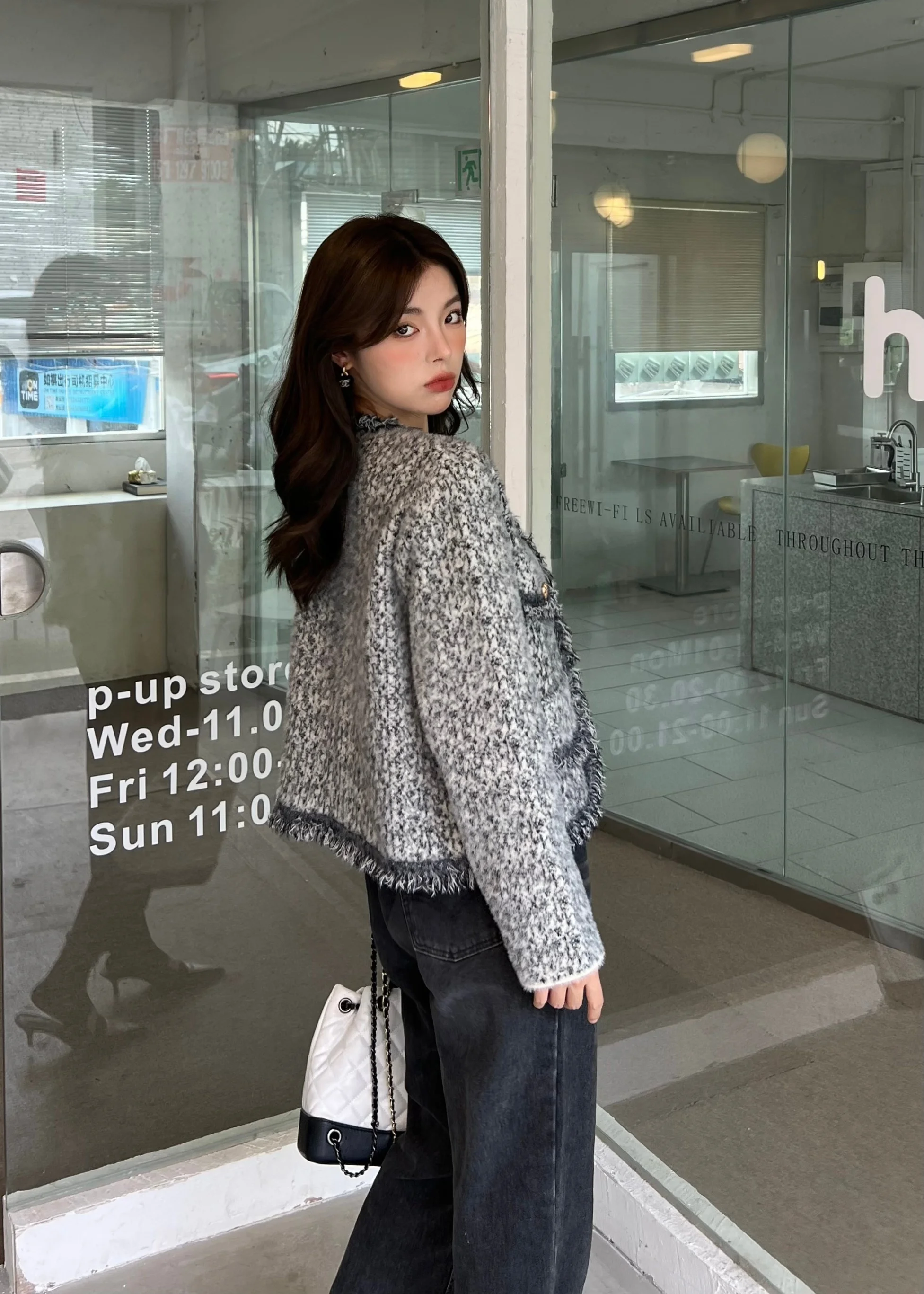 

Tweed Jacket English Style Womens Spring Knitwear Fishbone Racer Closure Placket Morning Hiking Trip Urban Travel Thin Basic Ins