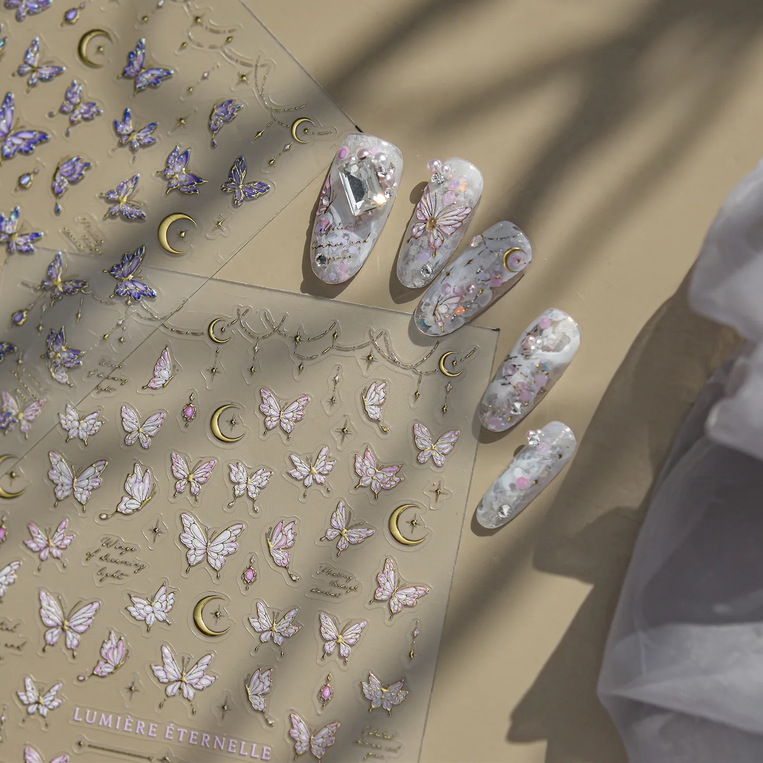 Jelly Butterfly Nail Charms Sticker Transparent Purple Wing Moon Star Retro Letter Pattern Nail Art Decoration Self-adhesive DIY