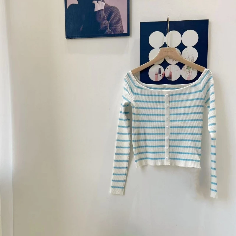 

Slim Fit Striped Long Sleeve Knitted Sweater Women's Base Layer Short Sweet And Spicy Shoulder Bared Top Commute Style