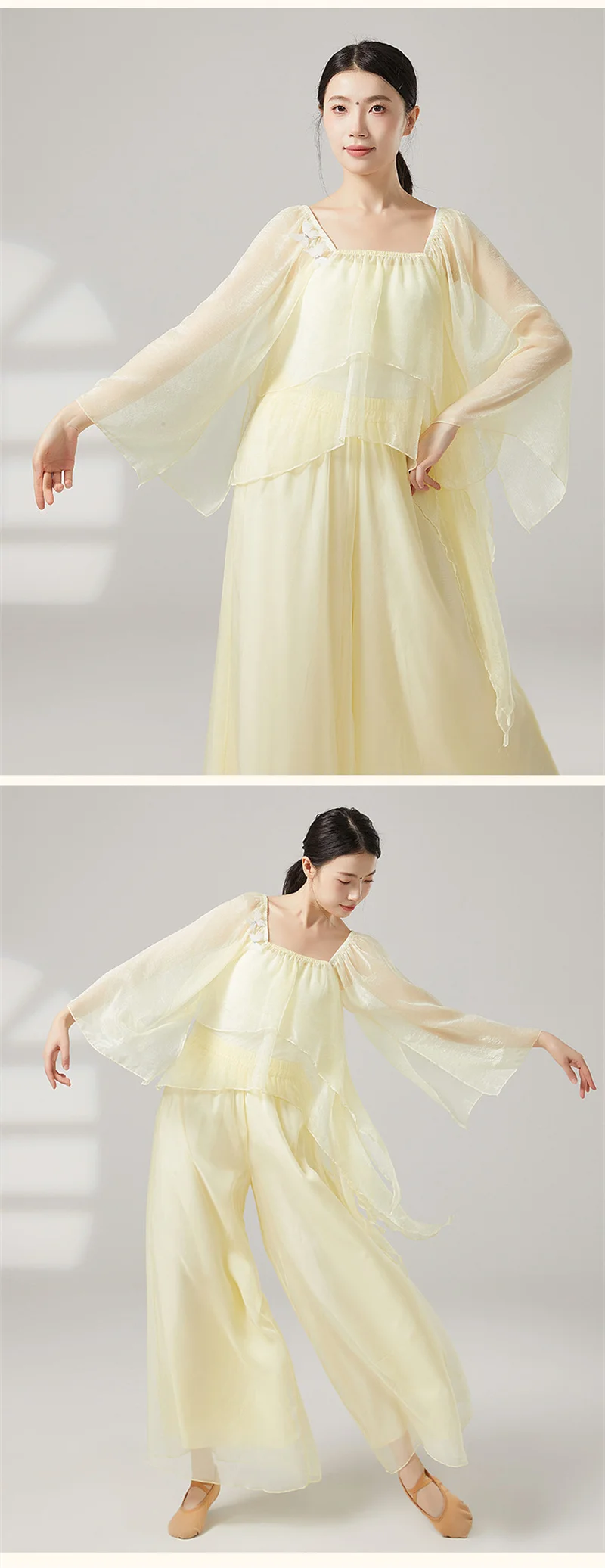 Damen-Oberteil für klassischen Tanz, durchsichtig, locker sitzende Chiffon-Bluse mit fließenden Ärmeln, chinesisches Volkstanz-Übungskostüm für Bühnenauftritte – Detail 7