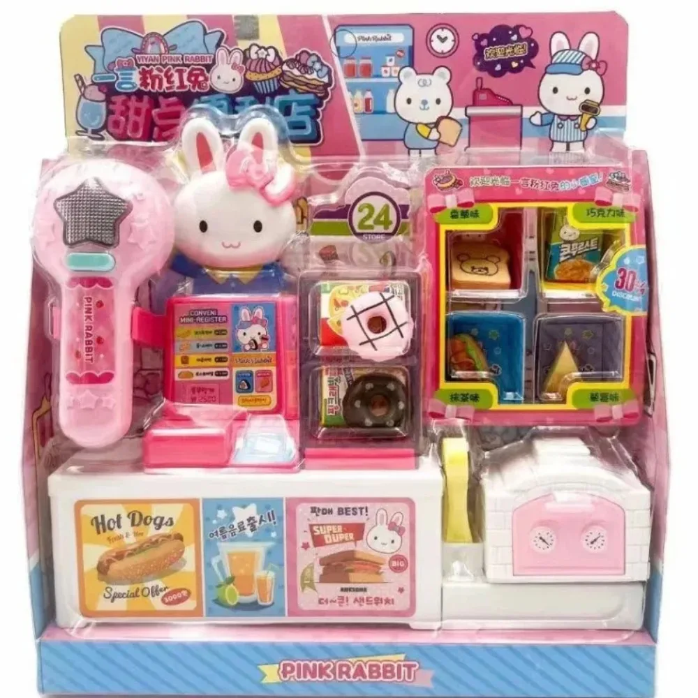 Figuras de conejo rosa, refrigerador de cocina, Mini mesa de maquillaje, carrito de compras para fiesta, equipo médico simulado, juego de escena, juguete