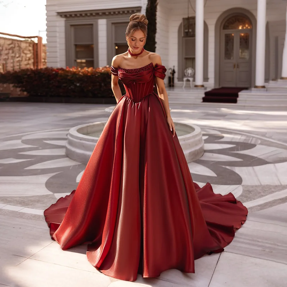 

Wine Off Shoulder With Pearls Prom Dress vestidos de noiva Customized A-line Court Train Evening Gown 2025