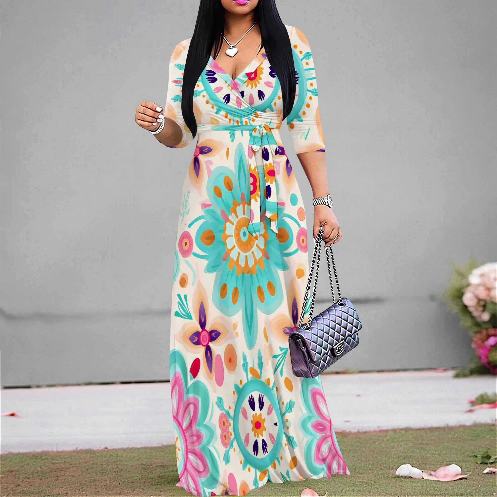 

Women's Boho Floral Maxi Dress Abstract Print V-Neck Half Sleeve A-line Dress with Belt for Vacation Wear XS-3XL