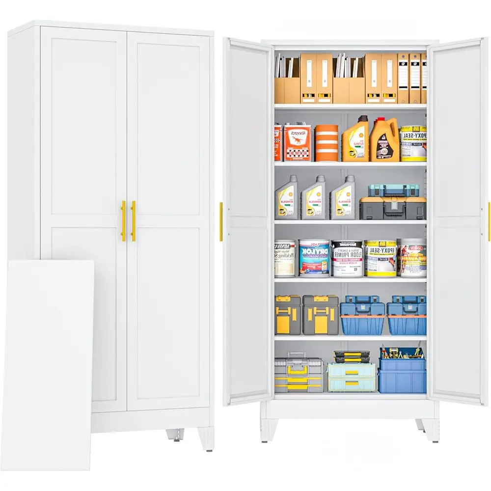 

75 Tall Metal Storage Cabinet with 2 Doors and 5 Adjustable Shelves - Ideal for Home, Office, Garage, and Warehouse (White)