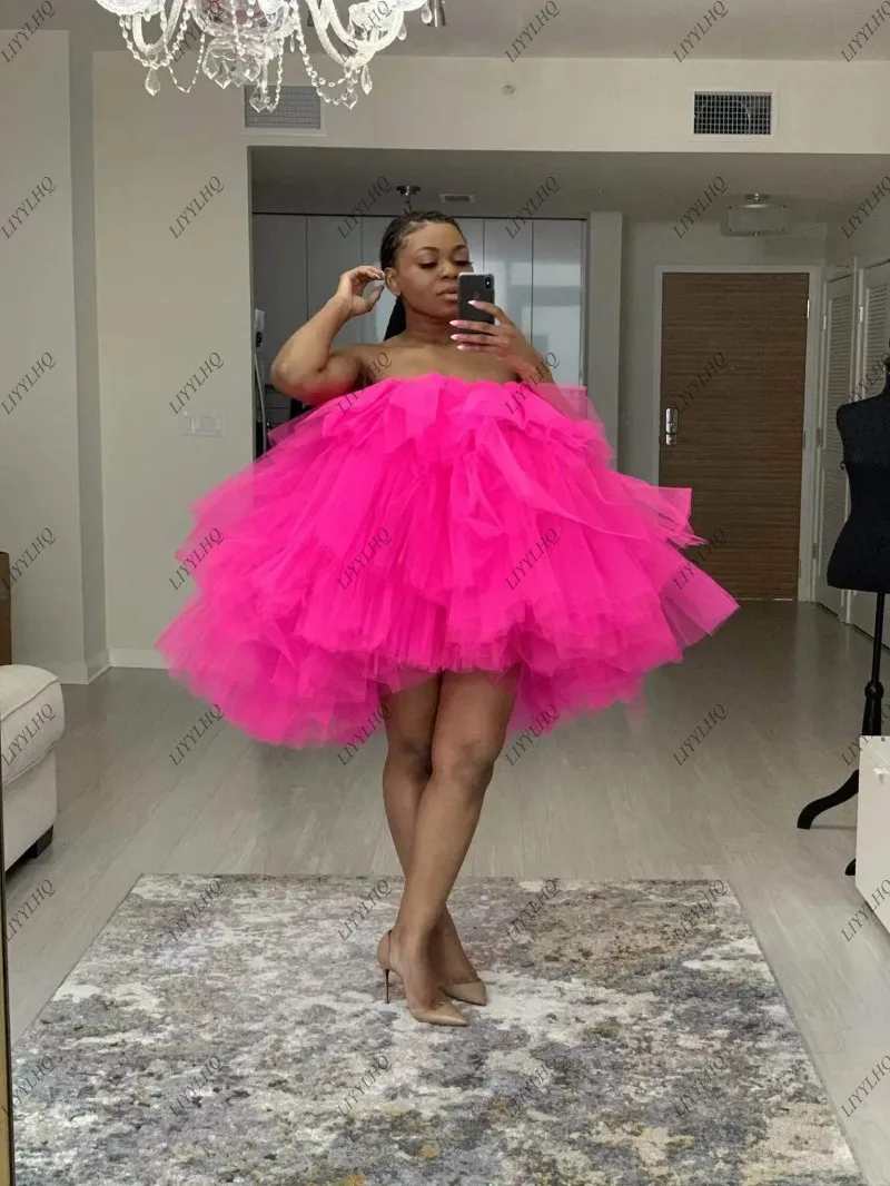 LIYYLHQ Modest Fuchsia Cocktail Dress Ruffle High Low Tulle Short Women Birthday Party Dress Puffy Mini Female Outfit Event Gown