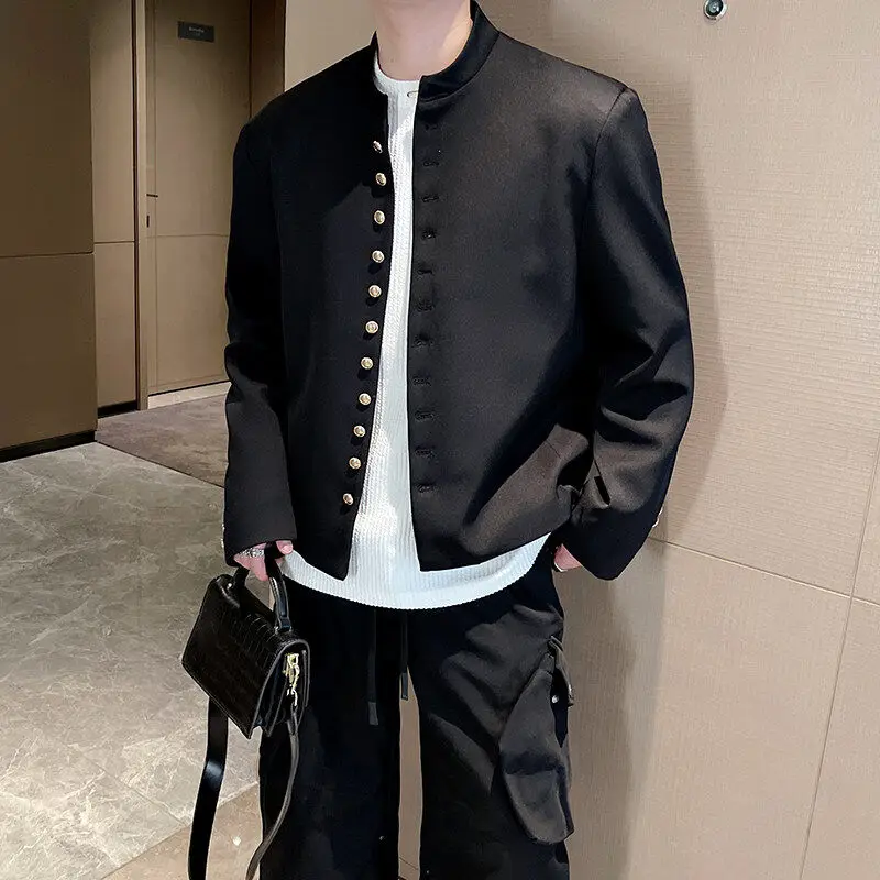 

Модный мужской пиджак в китайском стиле с воротником-стойкой, однотонный, премиум-класса, весенне-осенний, с длинным рукавом