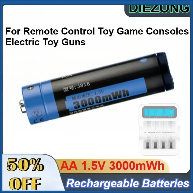 J818 AA 1.5 3000mWh Rechargeable Lithium Battery for Remote Control Toy Game Consoles Electric Toy Guns Batteries