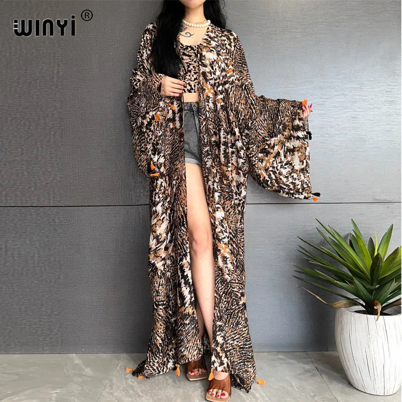 WINYI Summer Leopard print party Beach Wear Swimsuit Cover up Africa women Cardigan colorful sexy Holiday long Sleeve Kimono