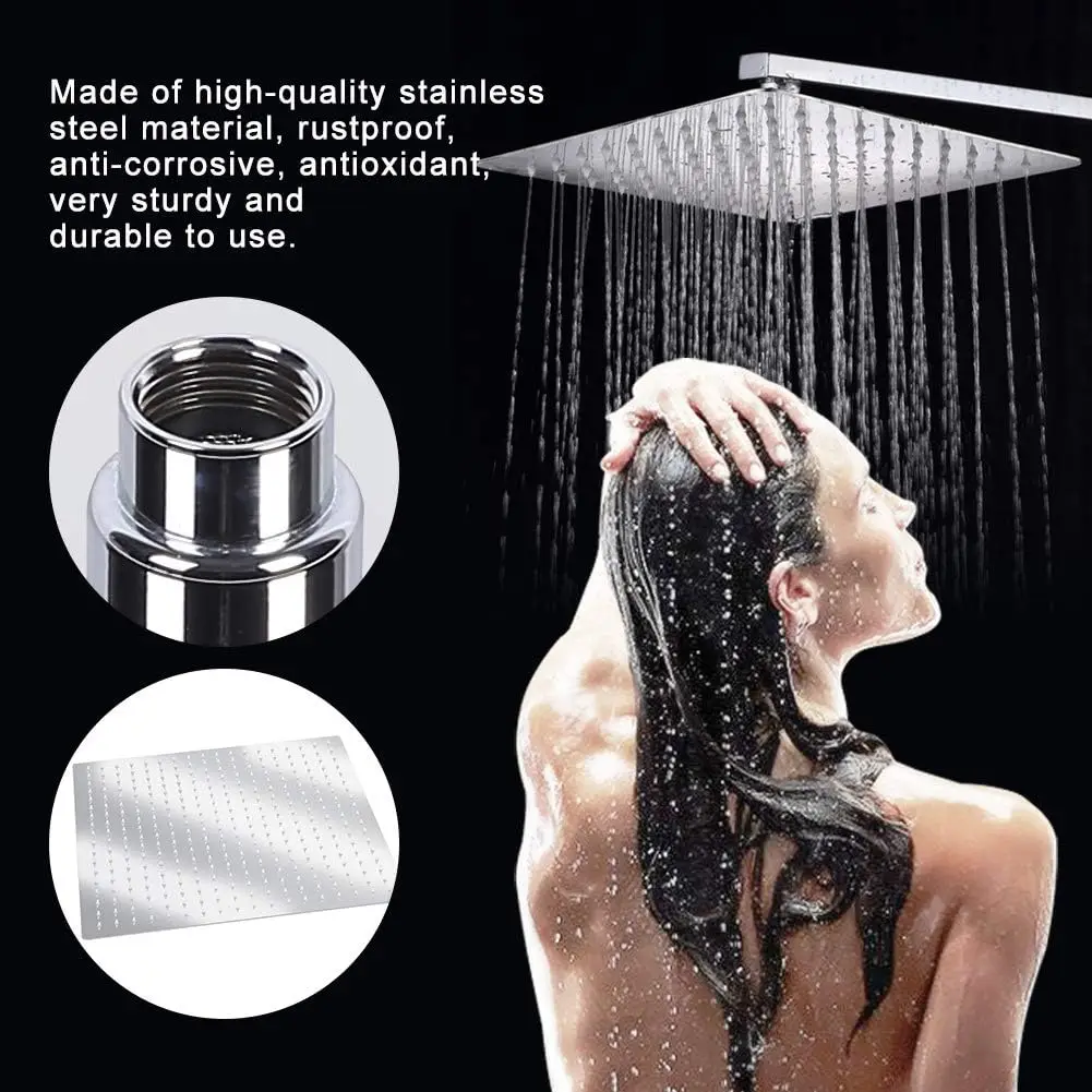 8" 10" 12" Black Silver Golden Stainless Steel Top Sprayer High Pressure Waterfall Shower Head Large Flow Boosting Square Round view 5