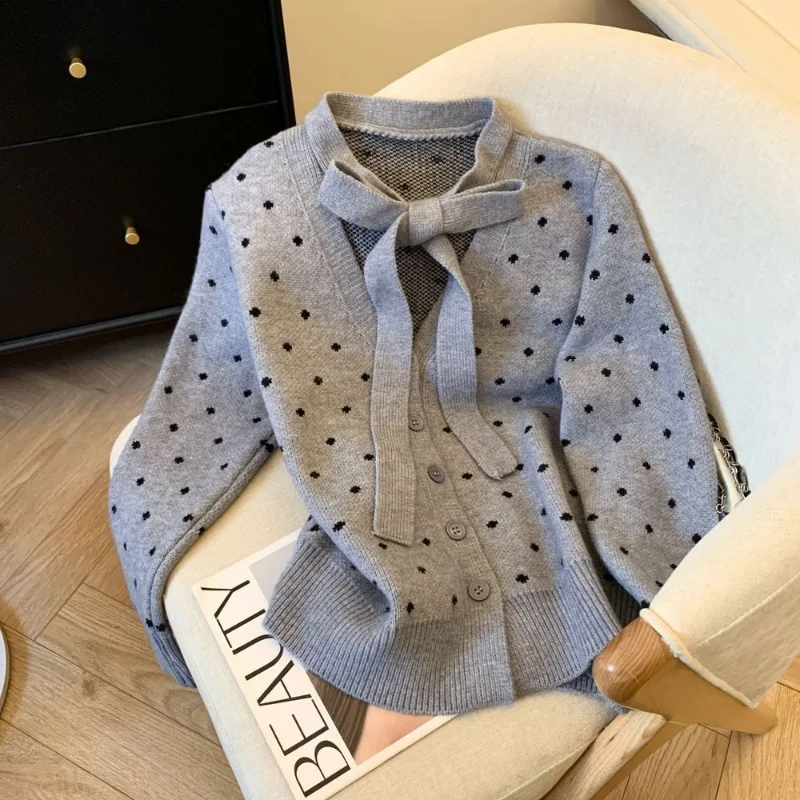 

Korean Bow Dot Knit Cardigan Women Spring Autumn Loose Casual Top