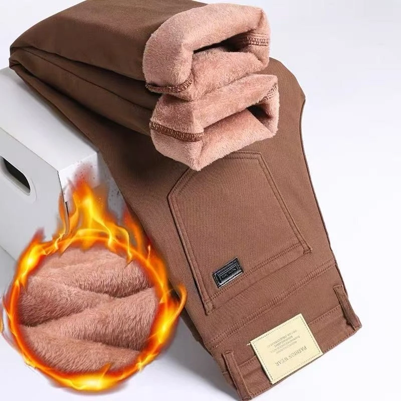 

Зимние флисовые теплые мужские джинсы кофейного цвета, прямые бархатные эластичные модные шерстяные брюки, деловые повседневные мужские брендовые рабочие брюки