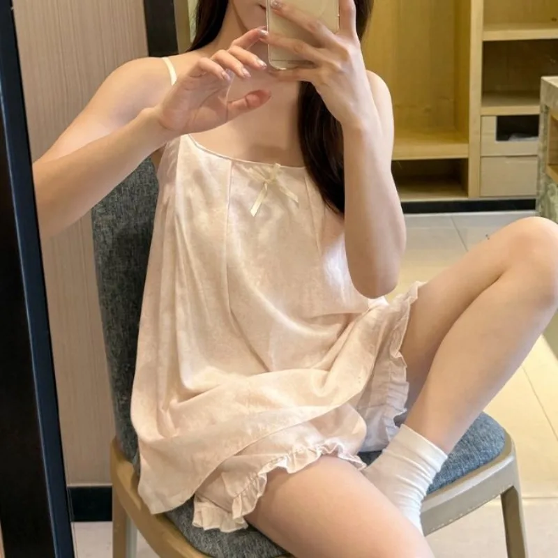 Women 2PCS Camisole Pajamas Set Summer Spaghetti Strap Built-in Bra Sweet Casual Sleepwear Trendy Elegant Daily Lounge Outfit 4