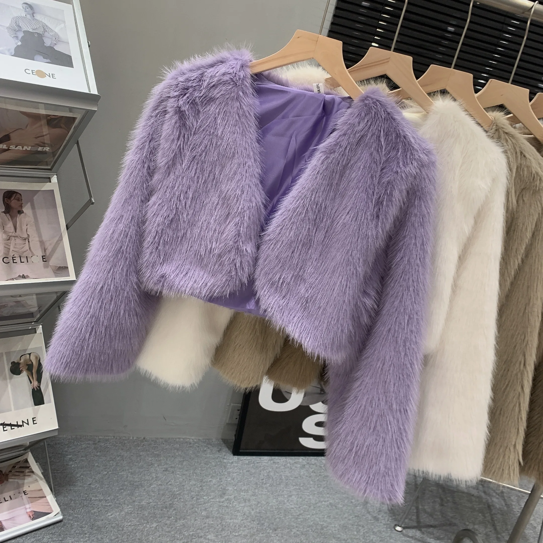 Women's Autumn Winter Faux Fur Long Sleeve Loose Short Jacket Lady Solid Color Fuzzy Faux Mink Hair Soft Outwear