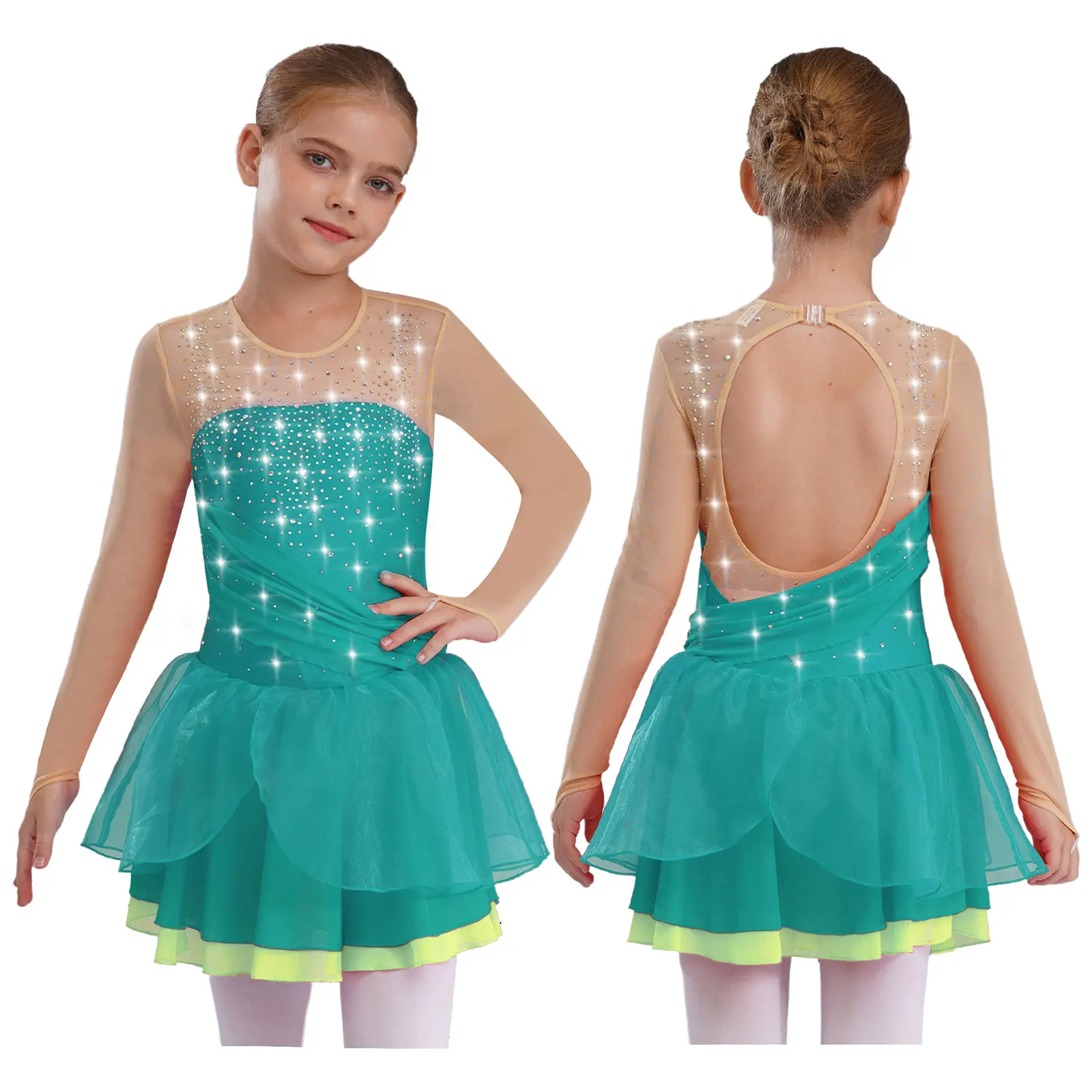 

Girls Glittery Rhinestones Lyrical Ballet Dacncing Tutu Skirt Figure Skating Performance Costume Rhythmic Gymnastics Stage Wear