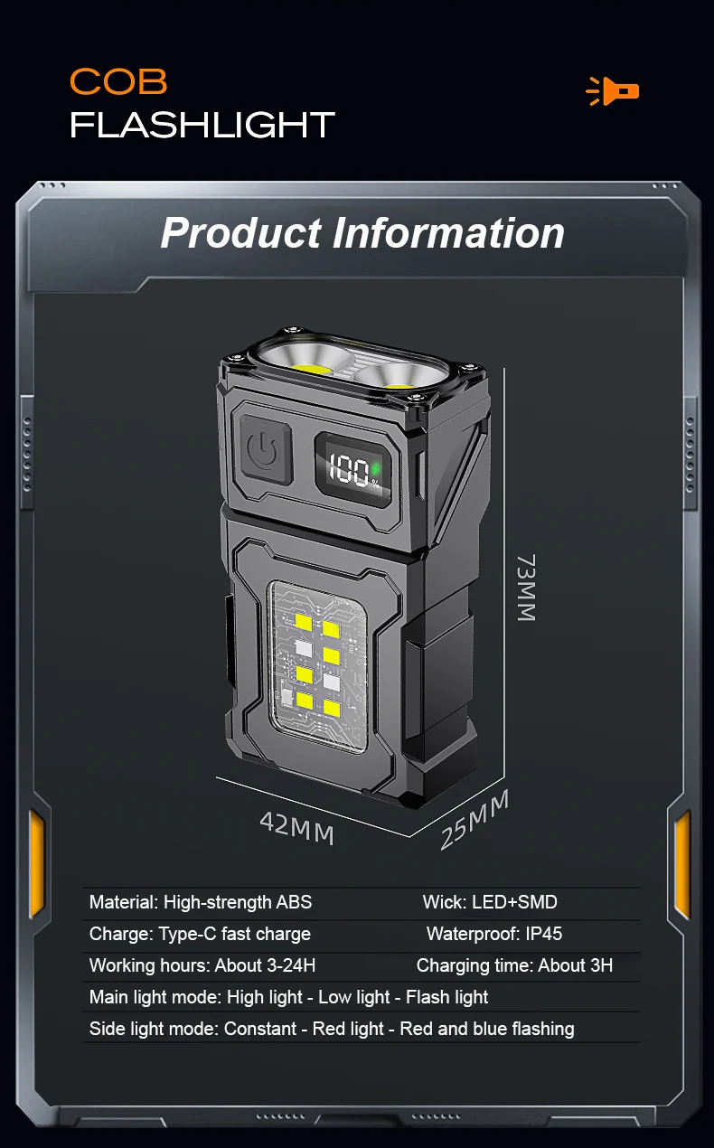 Side view of COB flashlight body