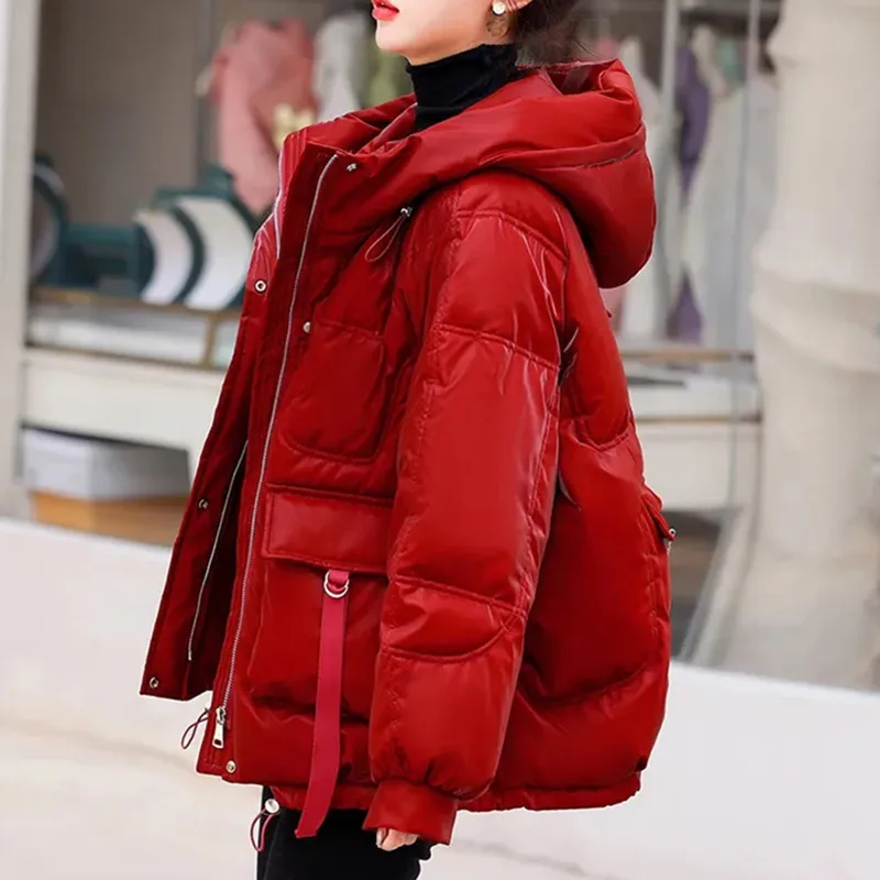 Glossy Down Cotton Jacket Women 2026 Winter New Thicken Padded Parkas Coat Women Warm Hooded Jackets Fashion Loose Short Outwear