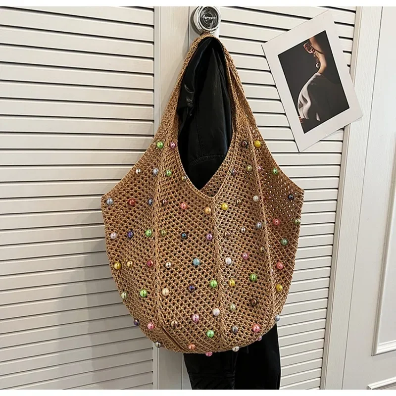 Beading Hollow Women\'s Shoulder Bags 2024 Youth Beach Woven Handbags Leisure Vacation Style Fabric Casual Bolsas Para Mujeres