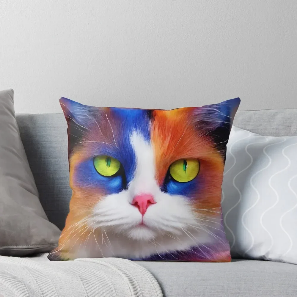 portrait of cool and good - looking ragdoll cat, long colorful and shining cat hairs, big cat eyes in two colors, c Throw Pillow