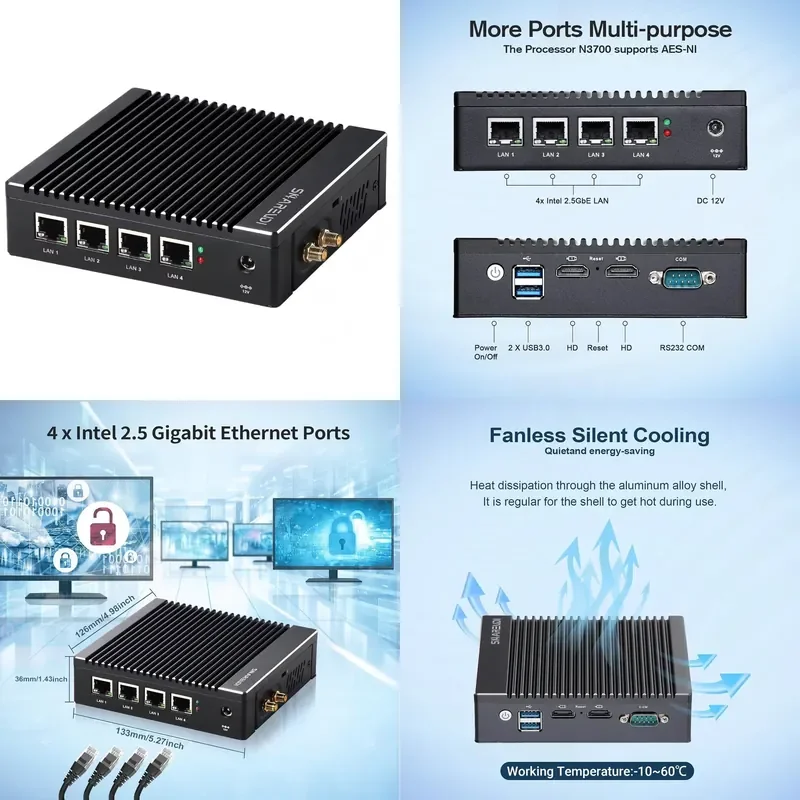 Dispositivo de Firewall sin Ventilador J3710 /4T, 4 Puertos LAN I226, Router de Red, Compatible con PF-Sense AES NI HD/VGA/Wi-Fi