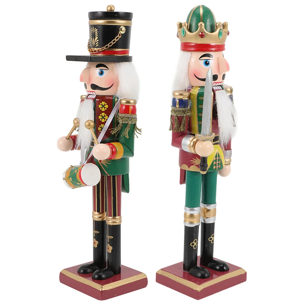 

2 Pcs Nutcracker Ornament Wood Wooden Decors Puppet Xmas Decorations Festival Christmas