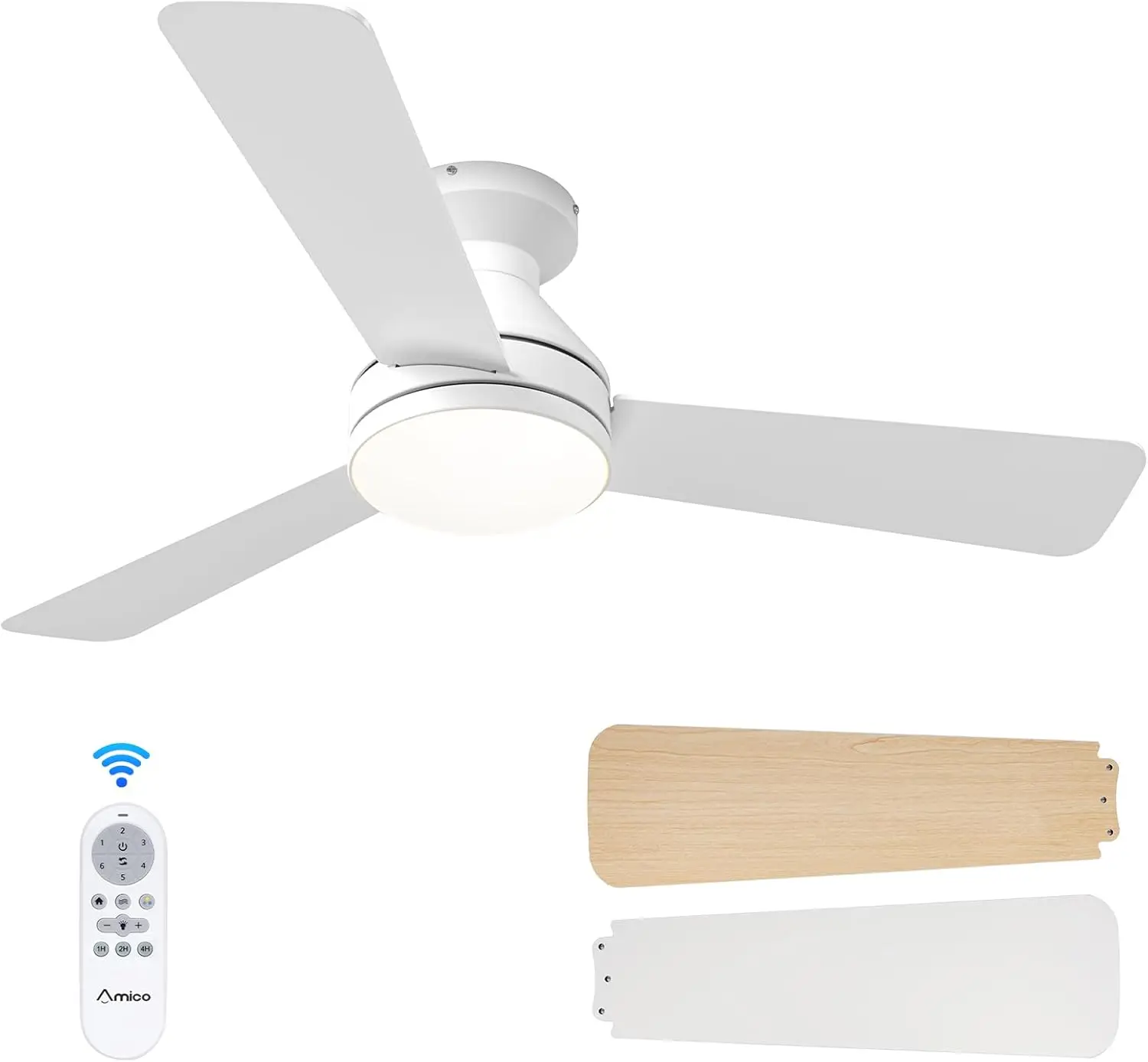 Amico Ceiling Fans With Lights, 42 Inch Low Profile Ceiling Fan With Light And Remote Control, Flush Mount, Reversible, 3Cct,